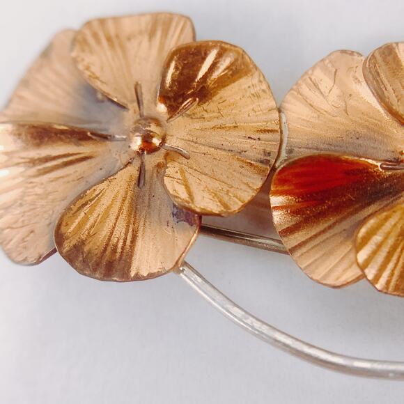 VTG Signed Stuart Nye 50s 60s Copper, Sterling Silver Double Flower Brooch Pin - Picture 3 of 13